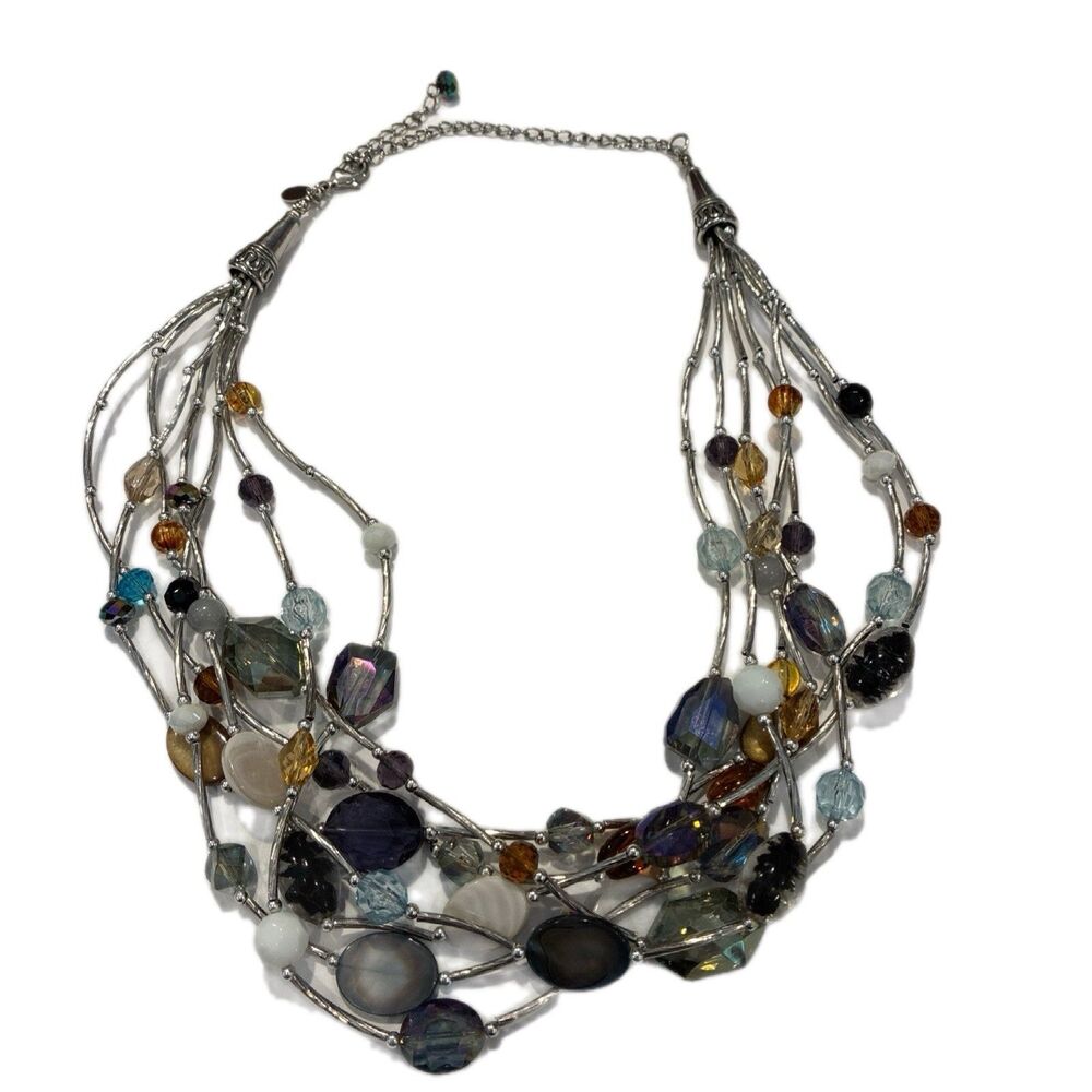 Vintage Cookie Lee 7 Strand Beaded Silver Tone Necklace